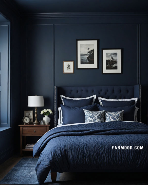 dark blue bedroom design, dark blue bedroom color