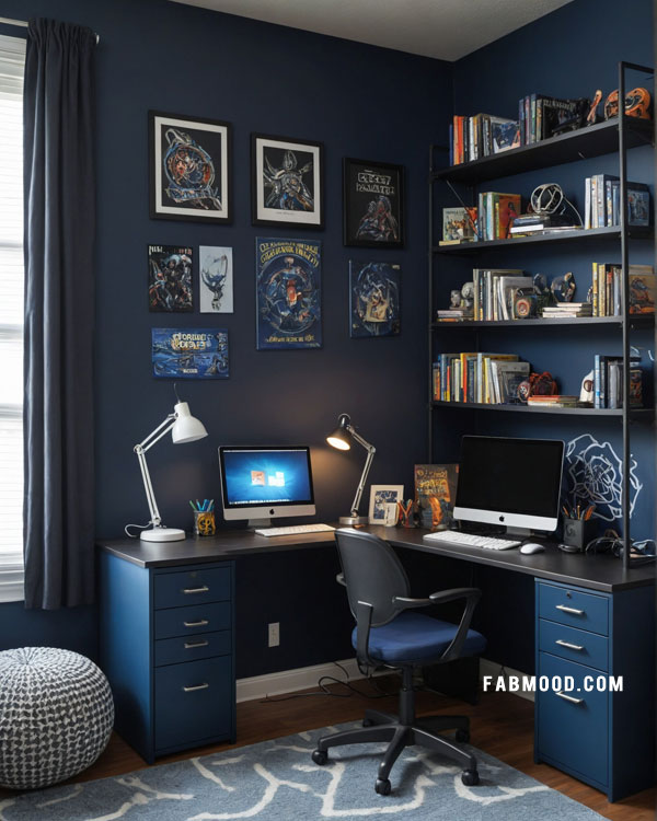 navy bedroom walls, computer game blue room