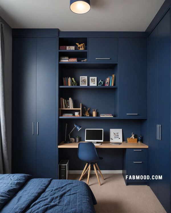 stylish dark blue bedroom with small office