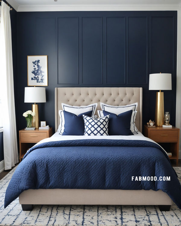 Modern Coastal Chic blue bedroom with white accents