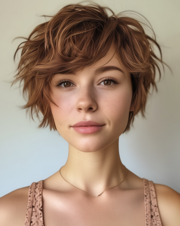 Tousled Chestnut Pixie Bob with Subtle Highlights