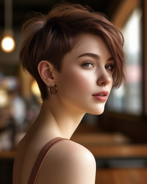 Long Pixie chestnut hair colour