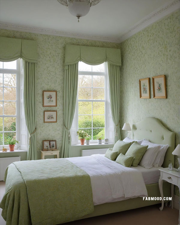 green pattern wallpaper, green bedroom idea