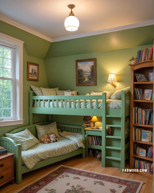 children bedroom in green with reading corner