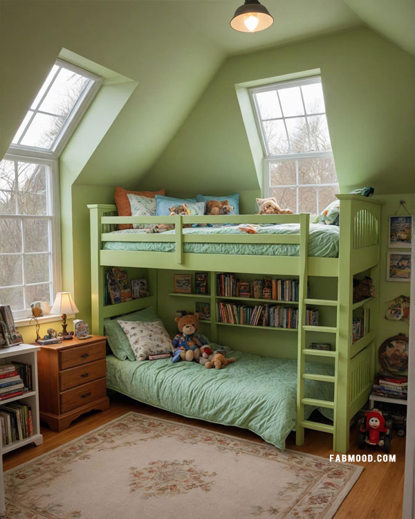 green children bedroom with bunk bed, green bedroom idea