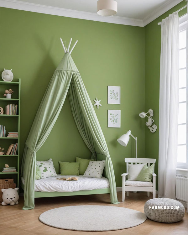 nursery green bedroom with cozy nook, 