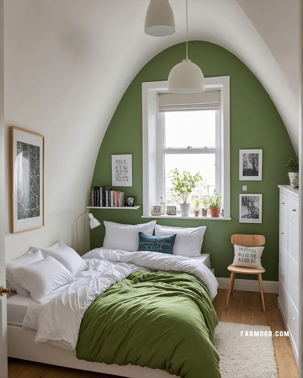 loft green bedroom idea, small green bedroom idea