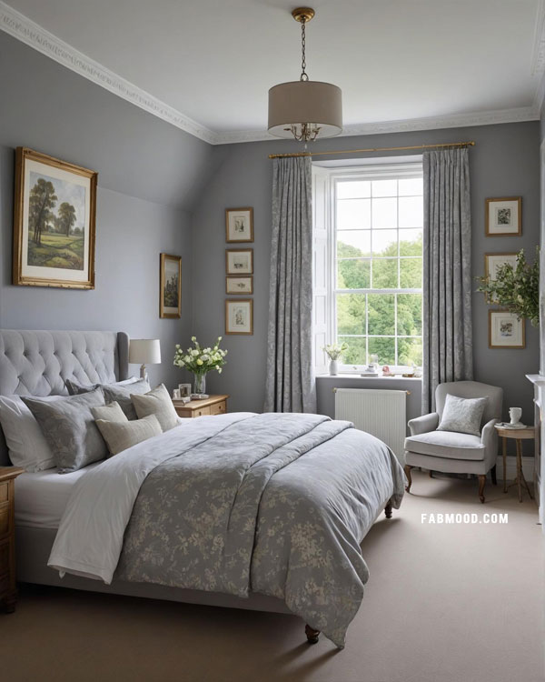 Elegant English countryside style grey bedroom idea