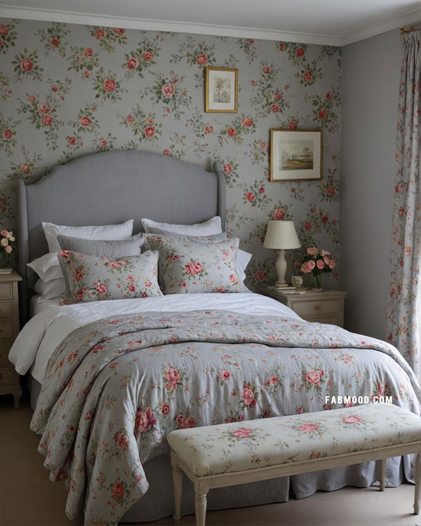 vintage style grey bedroom with floral print walls