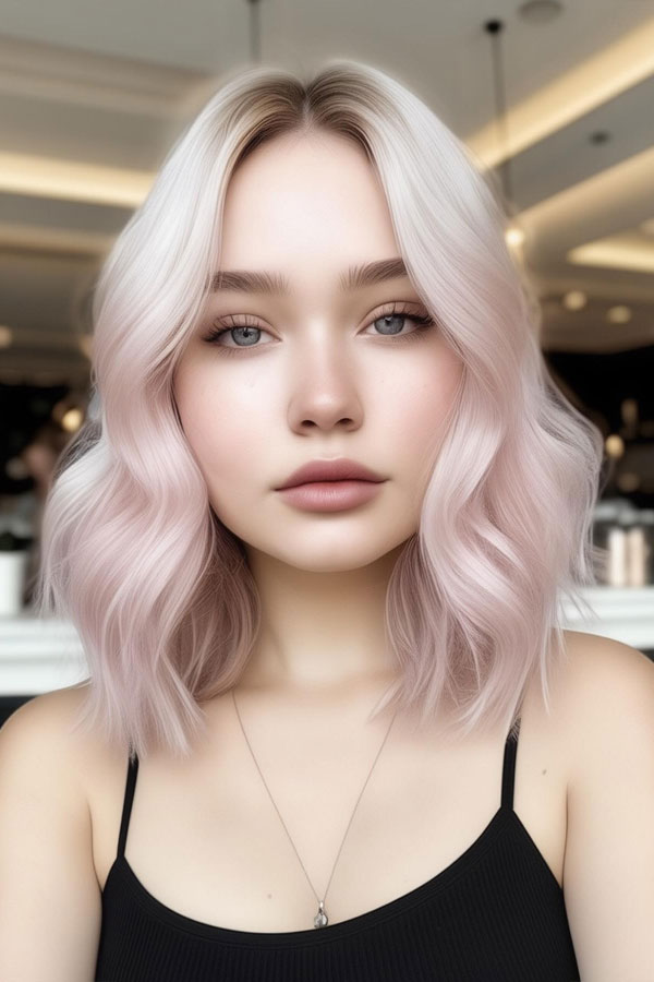 30 Cute Hairstyles for Round Faces : Shoulder-Length Soft Pink Waves with Middle Part