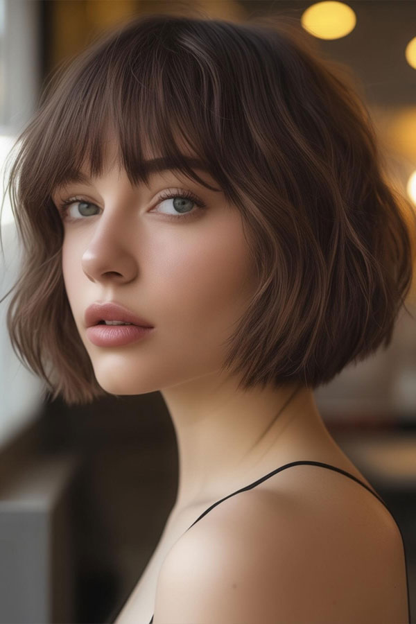 30 Cute Hairstyles for Round Faces : Sleek French Bob with Blunt Bangs