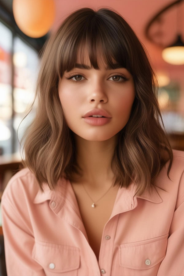 30 Cute Hairstyles for Round Faces : Medium Wavy Hair with Bangs