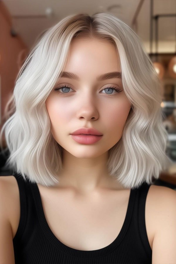 30 Cute Hairstyles for Round Faces : Wavy Platinum Blonde Bob
