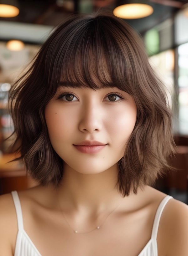 30 Cute Hairstyles for Round Faces : Tousled Bob with Soft Bangs