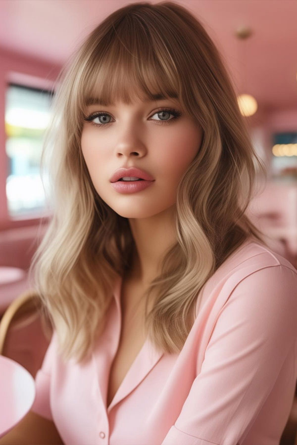 30 Cute Hairstyles for Round Faces : Soft Waves with Full Bangs
