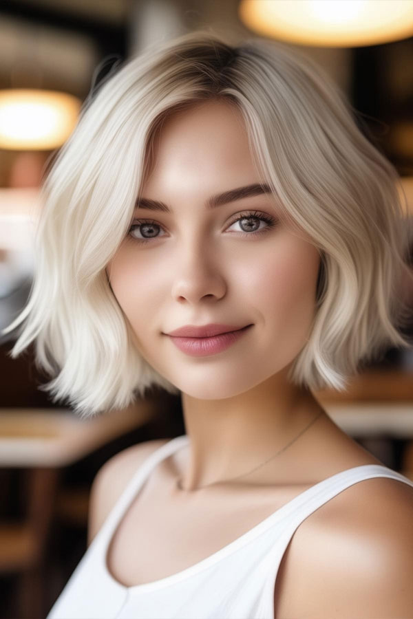 30 Cute Hairstyles for Round Faces : Short Blonde Bob with Subtle Waves