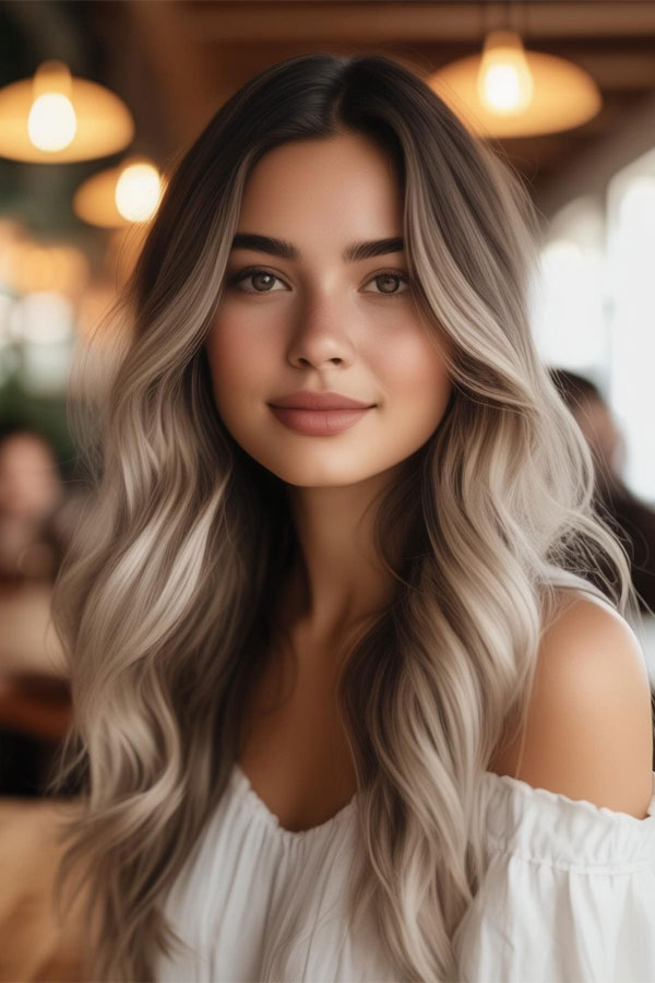 30 Cute Hairstyles for Round Faces : Long Wavy Hair with Ombre Highlights