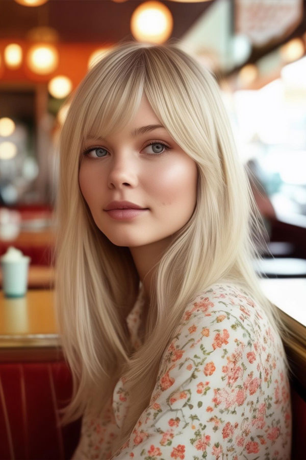30 Cute Hairstyles for Round Faces : Long Straight Hair with Side-Swept Bangs
