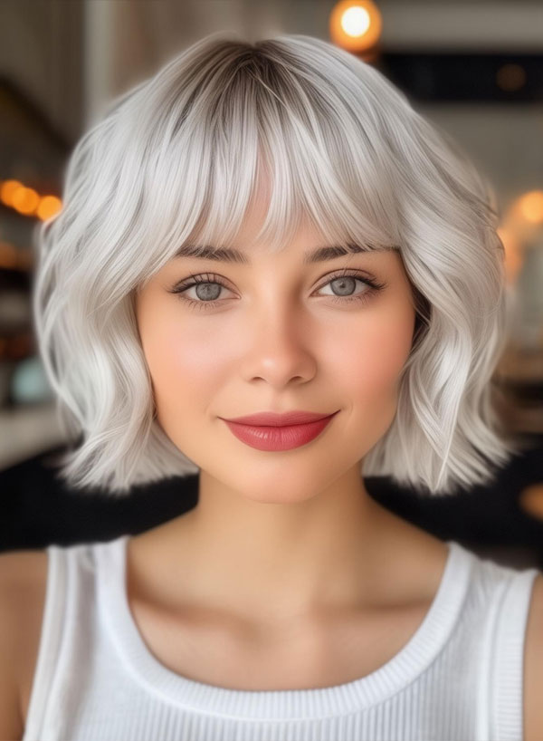 30 Cute Hairstyles for Round Faces : Platinum Wavy Bob with Wispy Bangs