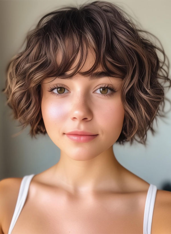 30 Cute Hairstyles for Round Faces : Curly Pixie Cut with Wispy Bangs