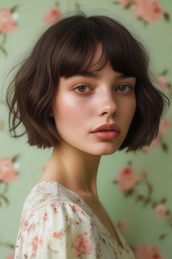 30 Cute Hairstyles for Round Faces : French Bob with Wispy Bangs