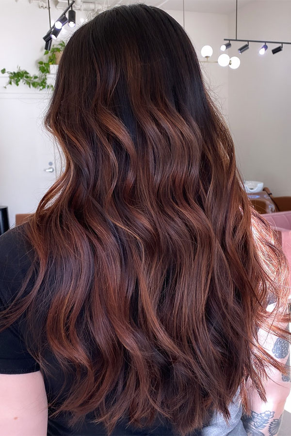 maple brown balayage, maple brown hair colour, autumn hair colour