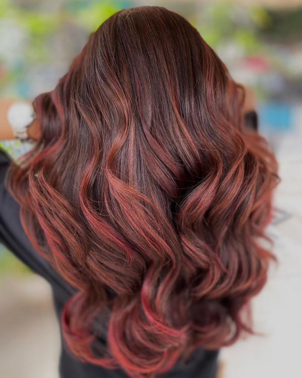 Maple red balayage, maple red hair colour