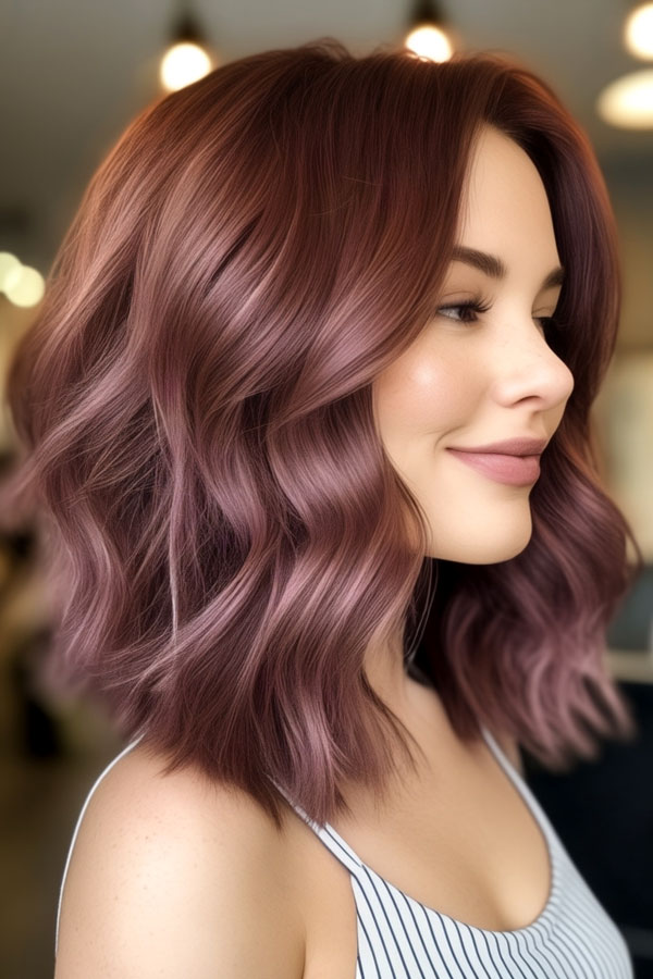 medium-length dusty plum hair colour, autumn hair colour idea