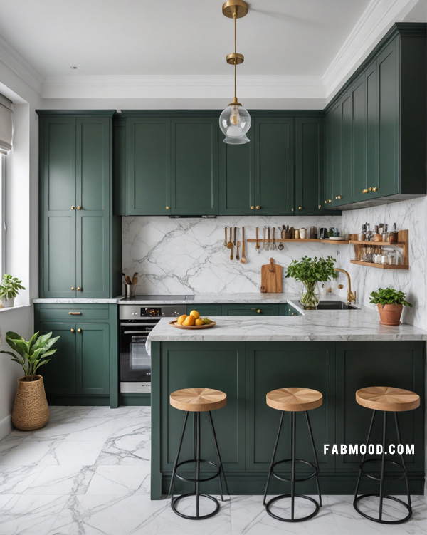 small dark green kitchen design, stylish small kitchen idea