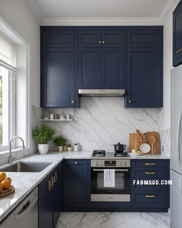 Elegant Navy and White Kitchen, small kitchen design