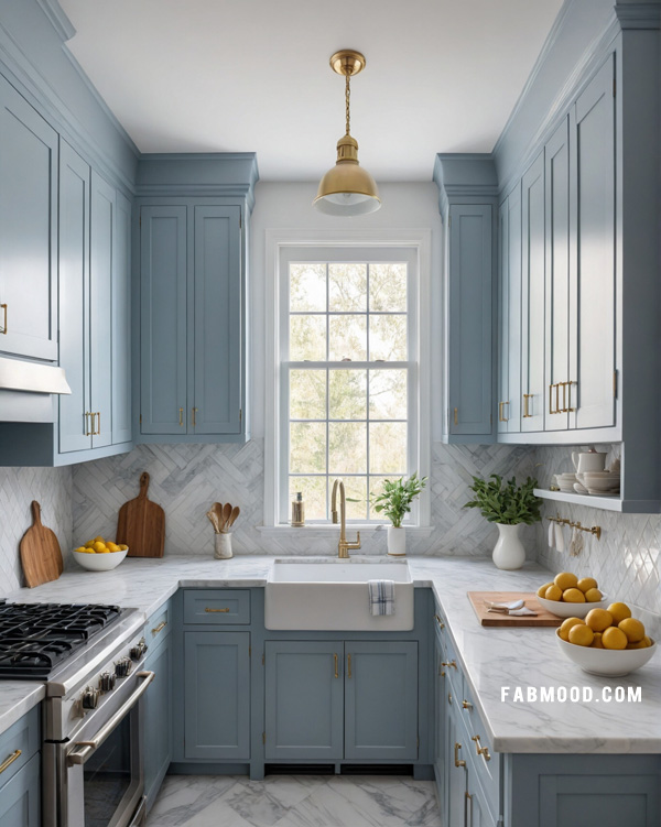 small dusty blue kitchen design, stylish small kitchen idea