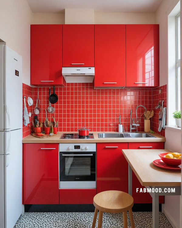 funky bold red kitchen design for small space