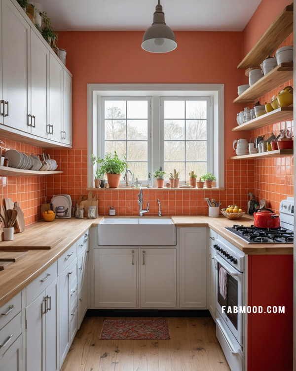 orange and white kitchen, funky small kitchen