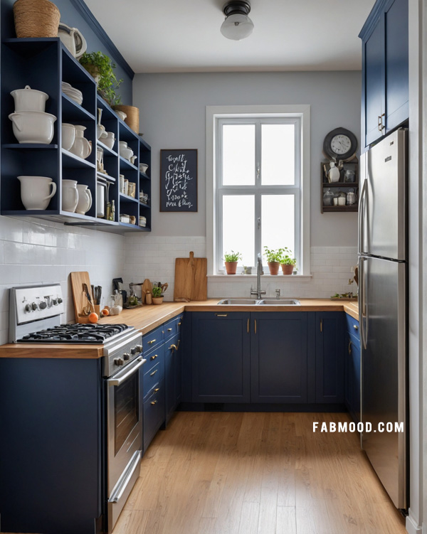 Cozy Navy and Wood Kitchen, small apartment kitchen design