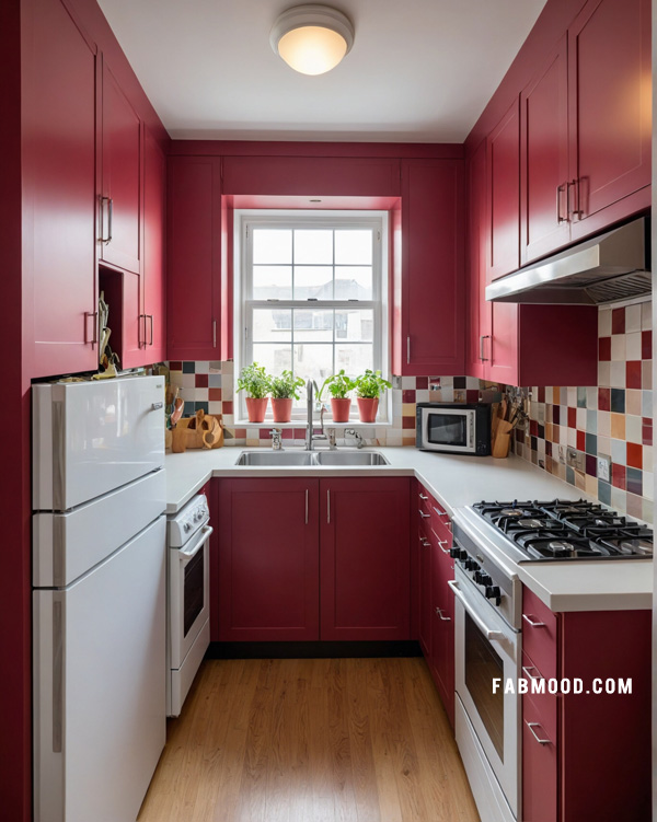 burgundy kitchen, small kitchen design