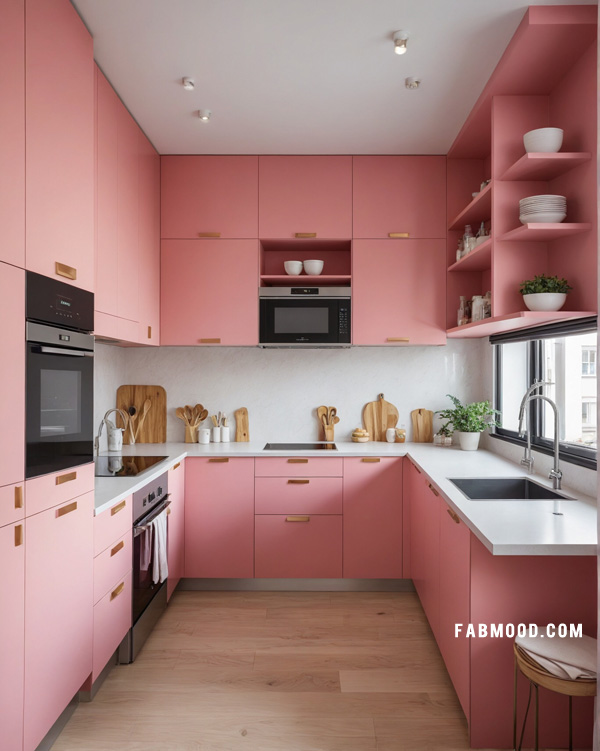 small pink kitchen design, stylish small kitchen idea