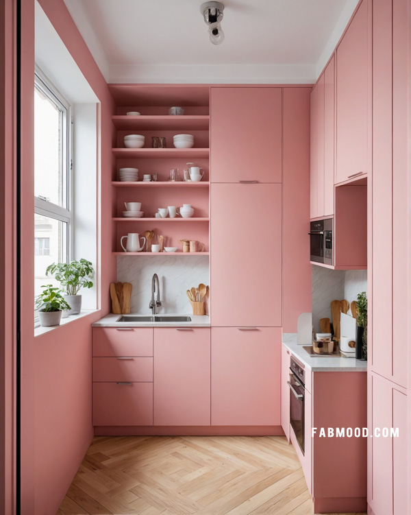 small pink kitchen design, stylish small kitchen idea