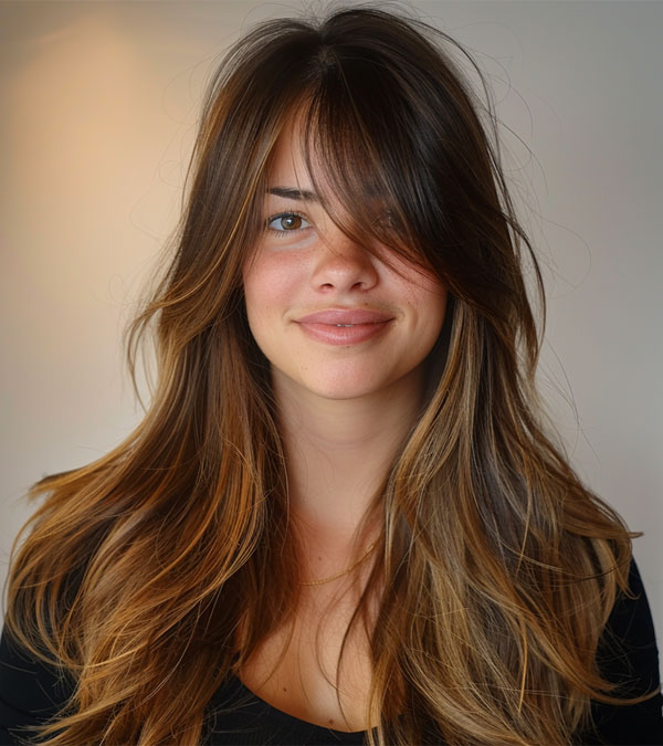 Sun-Kissed Brunette Layers with Long Bangs