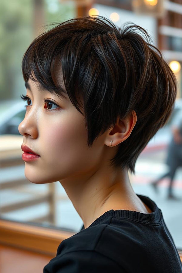 Sleek Dark Chocolate Pixie, effortless pixie haircut, short haircuts for women