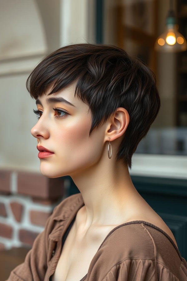 Chic Walnut Brown Pixie, effortless pixie haircut, short haircuts for women