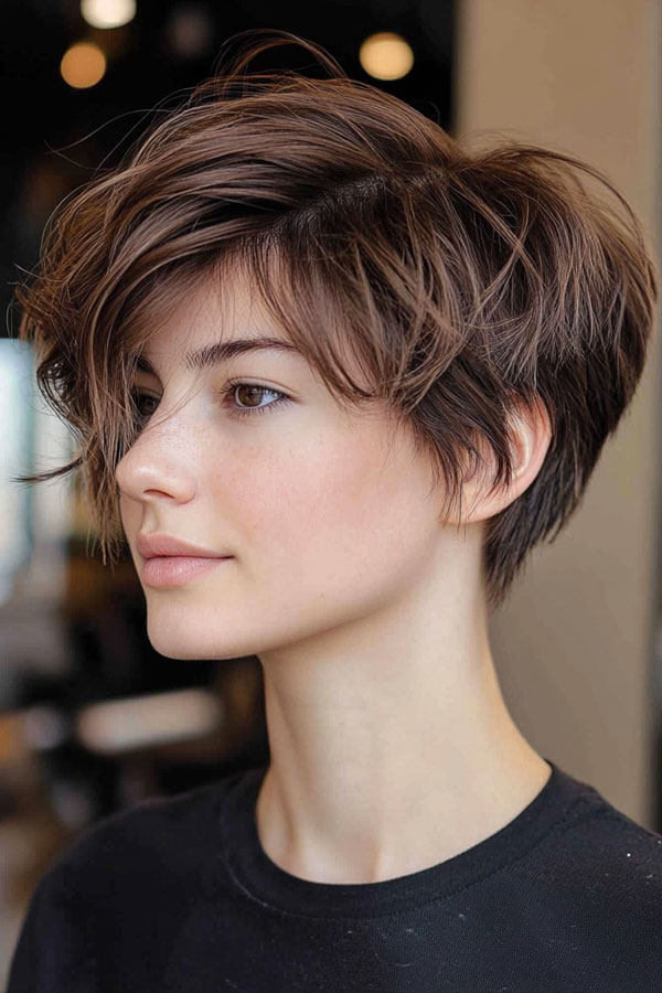 Tousled Chestnut Pixie, effortless pixie haircut, short haircuts for women