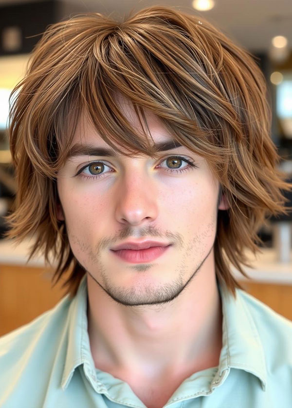 Warm Chestnut Brown Layered Shag, Modern Men Hairstyle, men haircut