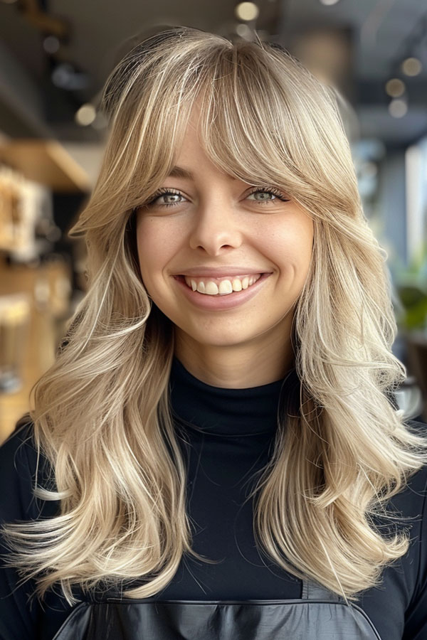 Ash Blonde Wavy Layers with Fringe