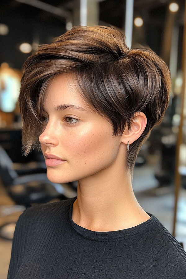 Sleek Chocolate Pixie, effortless pixie haircut, short haircuts for women