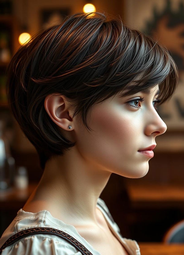 Rich Chestnut Pixie with Subtle Highlights, effortless pixie haircut, short haircuts for women