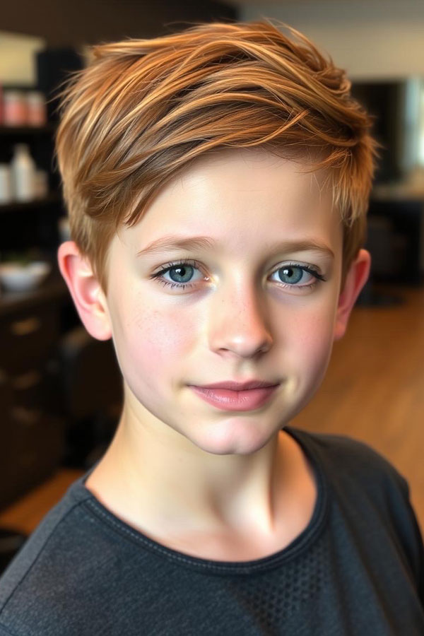 Auburn Haircut with Side-Swept Fringe, trendy haircut for young boys, Youthful Hairstyle for Tween Boys