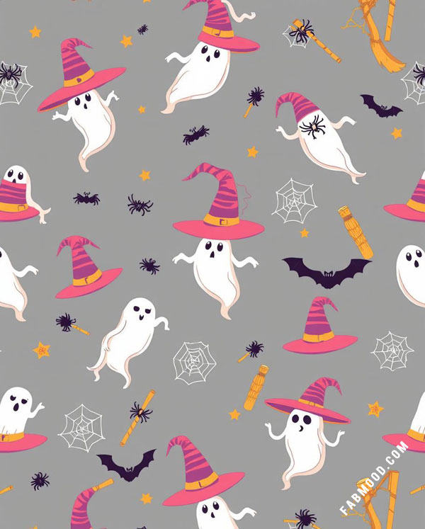 Witchy Ghosts with Pink Hats, aesthetic Halloween wallpaper, halloween wallpaper for ipad