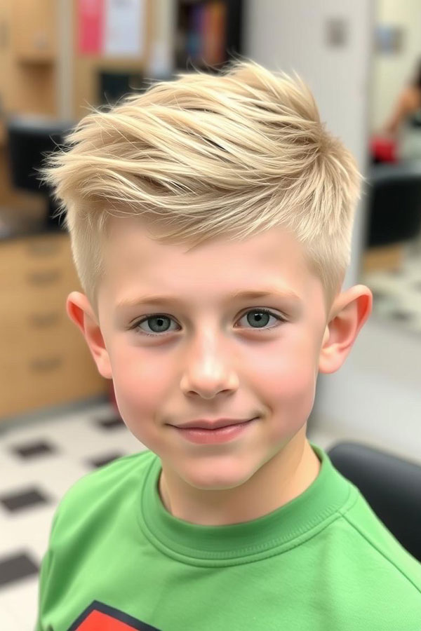 33 Fresh & Youthful Hairstyles for Tween Boys : Platinum Blonde Spike Top Haircut