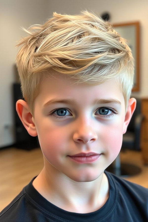 33 Fresh & Youthful Hairstyles for Tween Boys : Windswept Blonde Tousled Layers