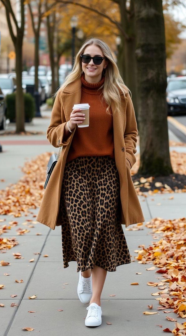 leopard skirt autumn outfit look, Effortlessly Stylish Fall Look